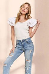 Layered Ruffled Sleeve Ribbed Top Adora OFF WHITE S